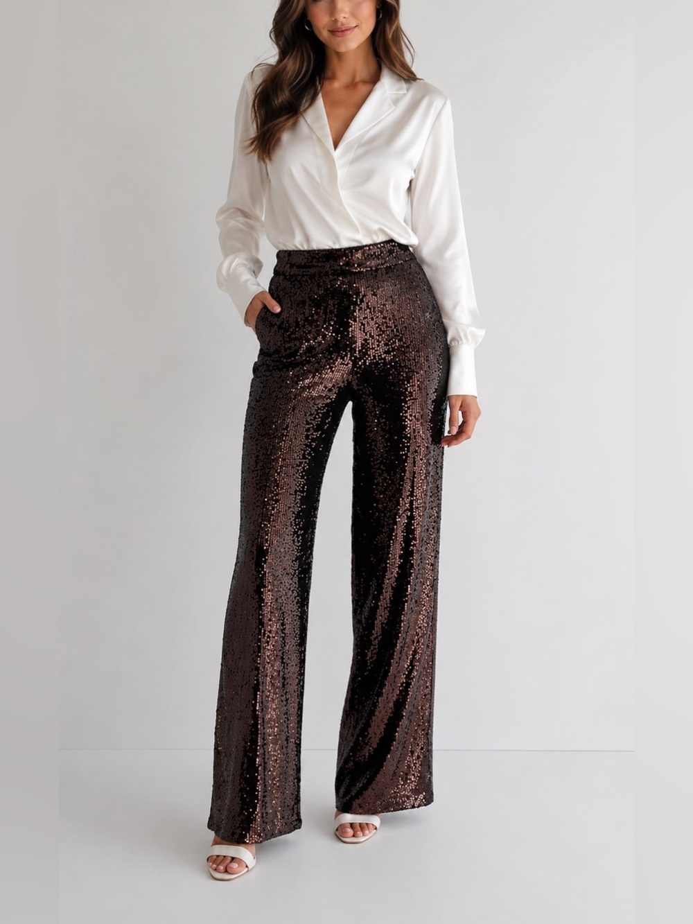 Express Brown Sequin Wide-Leg Pants